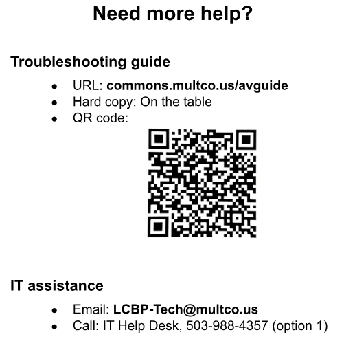 A QR code that links to a commons page with AV support information and manuals