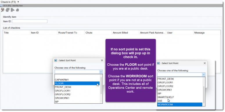 Graphic showing checkin screen and examples of sort point dialog box