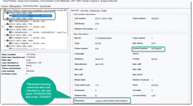 Graphic showing Symphony item record with library, placement and item category field changes with IMMS, 