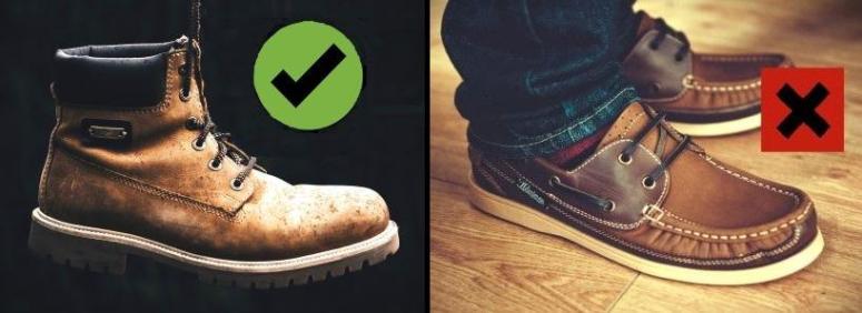 Side by side image showing snow boots versus loafers