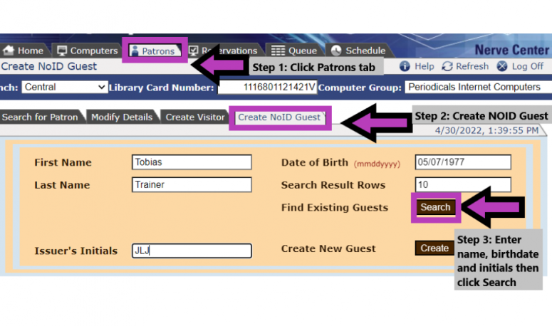 Screenshot of how to create a no ID guest pass