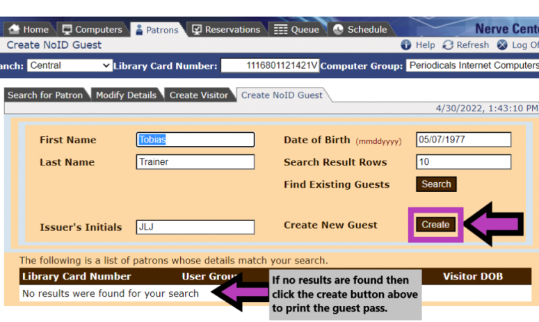 Screenshot of no patron found after searching to see if they have had a guest pass issued that day.