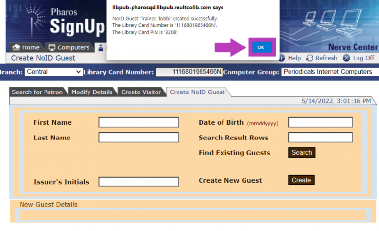 Screenshot of No ID guest pass creation