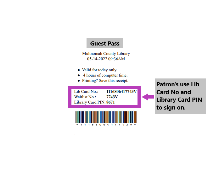 Screenshot of a printed guest pass