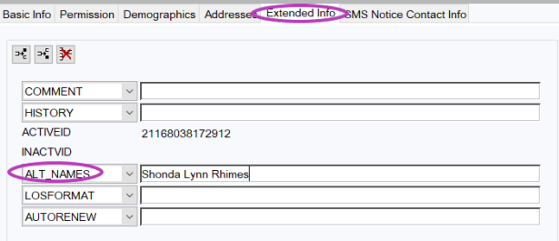 Screenshot of ALT_NAME field
