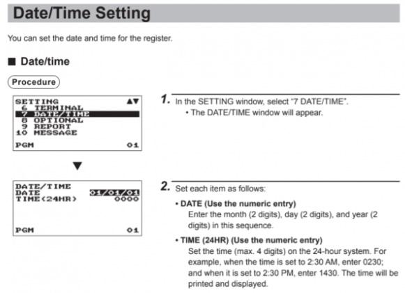 Cash register date and time setting