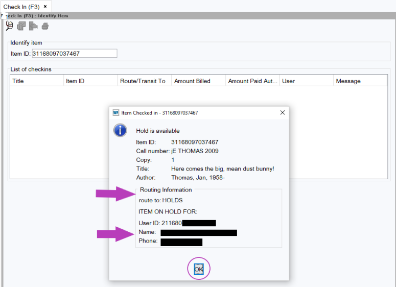 Check in Holds - Home location