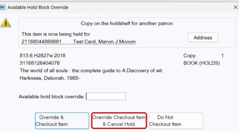 Screen shot of the Hold Override window