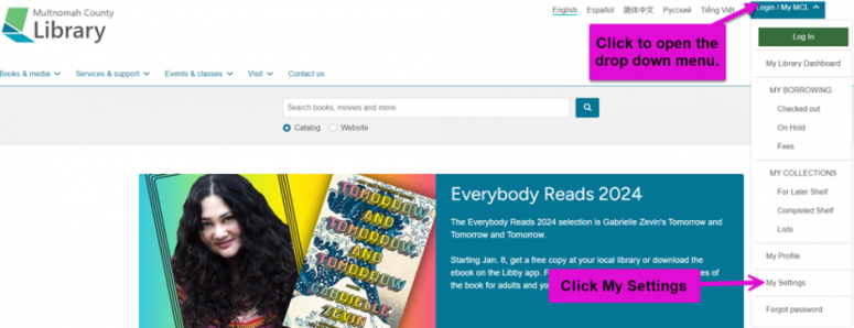Screenshot of the library website and how to change your password
