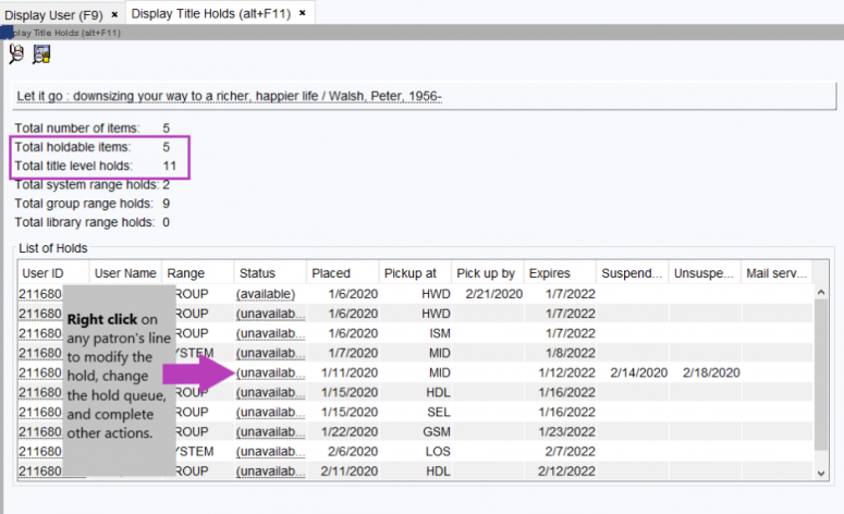 Screenshot of holdable items and title holds
