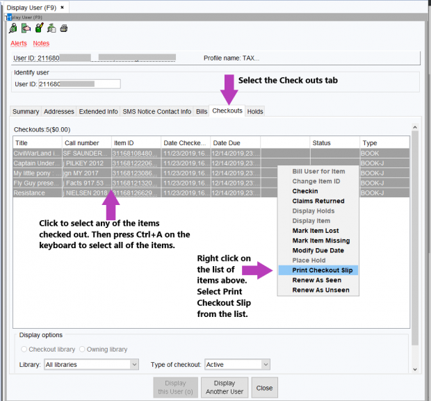 photo of how to find and print current check outs
