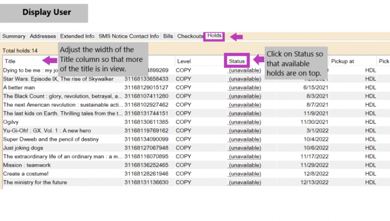 photo of how to expand title column and filter list for available holds