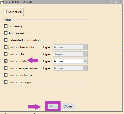 photo of print wizard, List of holds is selected while List of checkouts and List of bills are unselected