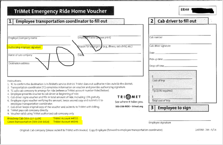 Sample TriMet Emergency Ride home Voucher