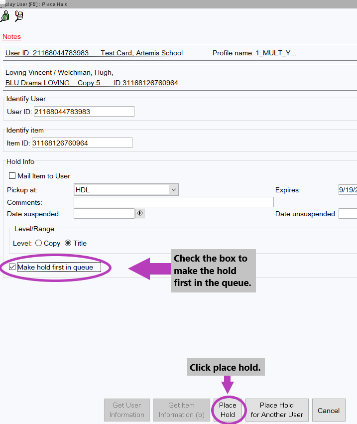 photo of how to place a hold at the top of the queue