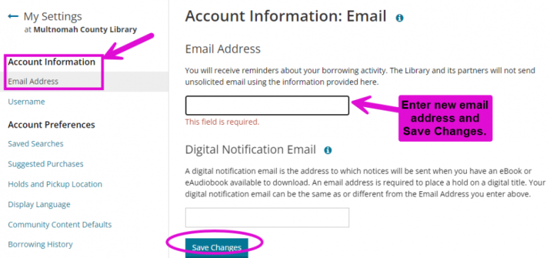 Screenshot showing how to change email on MyMCL