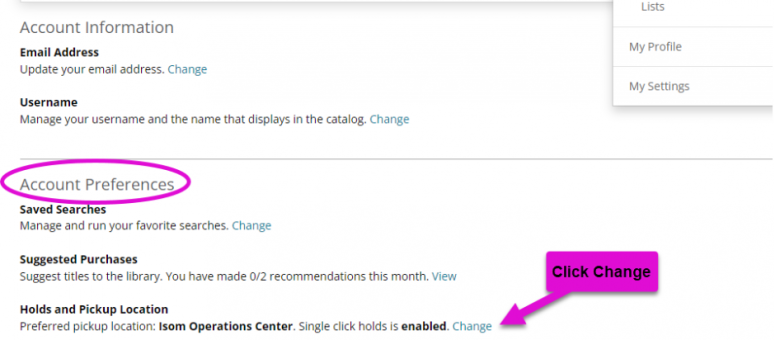 Screenshot showing how to change holds pick up location.