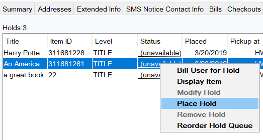Screenshot of how to place a hold on an inactive hold