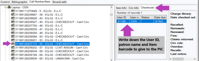 Screenshot of where to locate the User ID on the Checkouts tab of the Item Search window