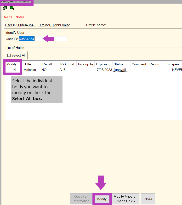 Screen shot of how to modify a patron's holds.