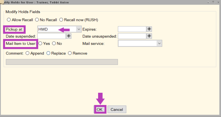 Screenshot of the Modify Holds for User pop-up