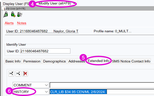 Screenshot showing how to document a clear reason using modify user.