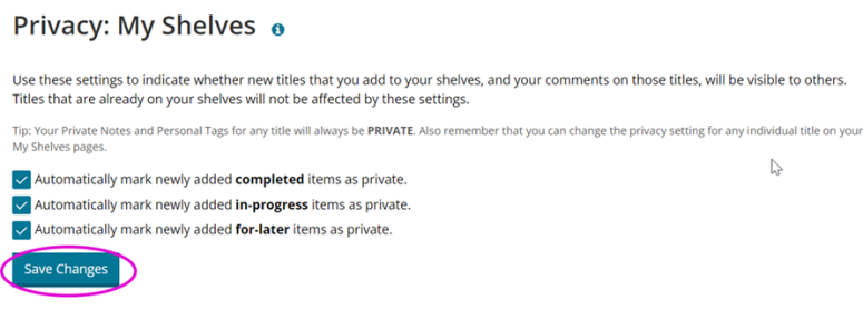 Screenshot of how to change the privacy settings on My Shelves.