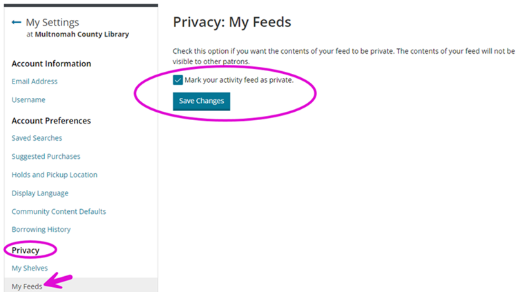 Screenshot of how to change the privacy settings on My Feeds.