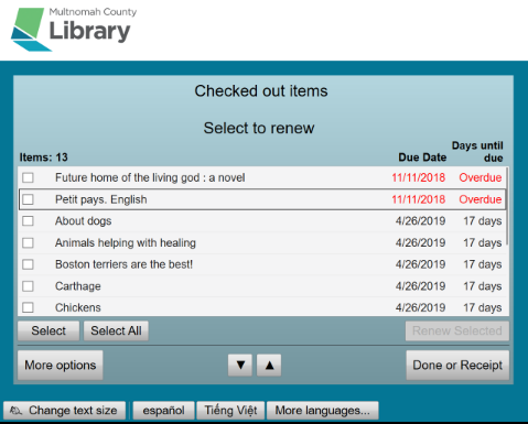 checked out items screen