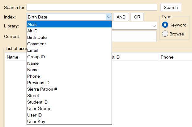 dropdown menu of other indexes to search by