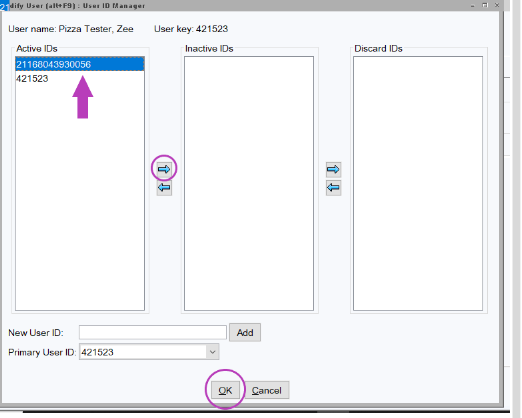 Screenshot  of User ID manager and moving an Active ID to an Inactive ID