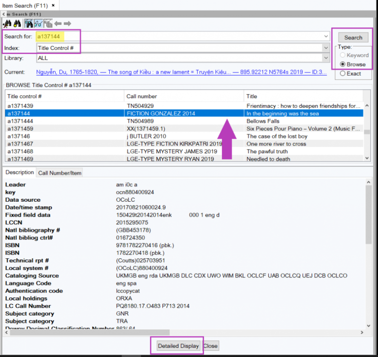 Title Control number search entry