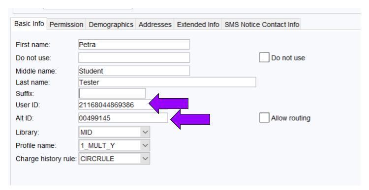 Arrows pointing to ID numbers in both user ID and alt ID