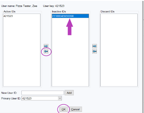Screenshot of how to move an inactive ID to an active ID