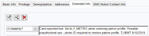 Where to add comment, "Possible unauthorized use - photo ID required to restore patron profile."
