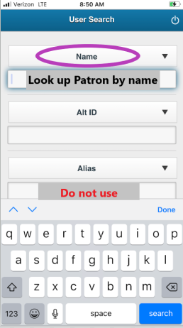 Screenshot of looking up a Patron by name using the Mobile Staff app