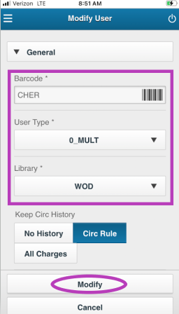 Screenshot of how to use Modify User to update barcode, User type and library