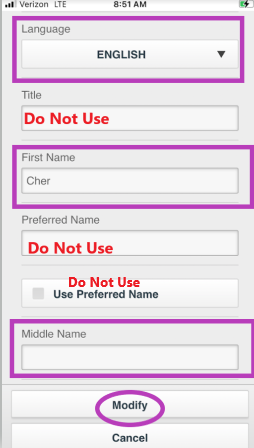 Screenshot of how to update Patron language and name using Modify User on the Mobile Staff app