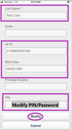 Screenshot of how to update Patron language and name using Modify User on the Mobile Staff app