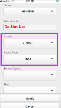 Screenshot of account status, county and notice type using the Mobile Staff app