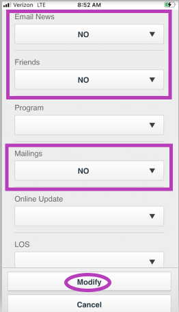 Screenshot of how to modify Email News, Friends and Mailings with the Mobile Staff app