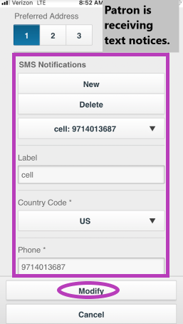 Screenshot of the Mobile Staff app showing a patron that is receiving text notices.