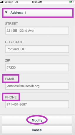 Modify User on the Mobile Staff App showing the Patron's Address, phone and email