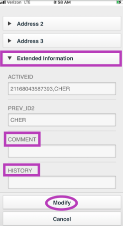 Screenshot of the Mobile Staff app showing Patron extended information: comment, history and active ID
