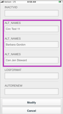 Screenshot of the Mobile Staff app showing ALT_NAMES in Modify User