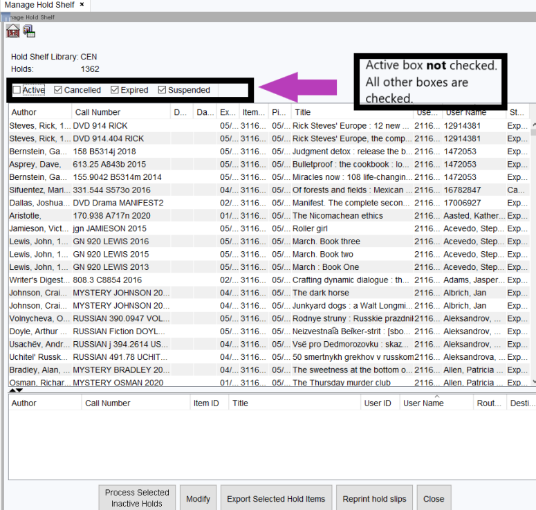 Where to find the active, cancelled, expired, and suspended checkboxes