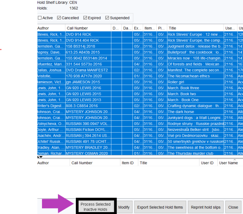 A screenshot of holds list with all items selected