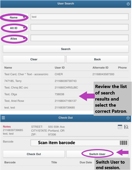 Screenshot of Mobile Staff App and how to check out an item