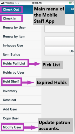 Screenshot of the Mobile Staff app main menu