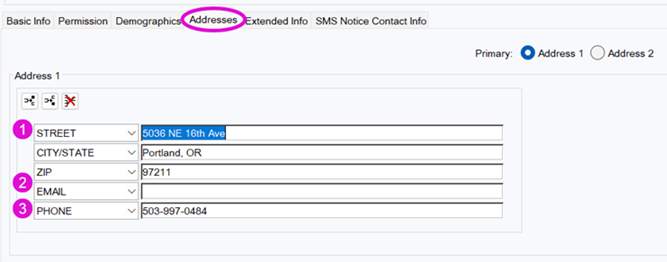 Screenshot of Addresses tab when creating a patron account.